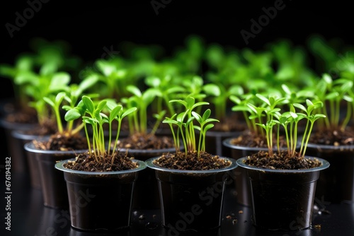New sprouts delicately potted, with a shallow depth of field highlighting the tender growth in a focused and artistic composition. Photorealistic illustration