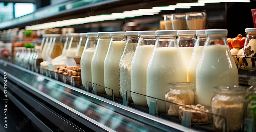 Milk, kefir, dairy products in a store, refrigerated display case in a supermarket - AI generated image - obrazy, fototapety, plakaty 