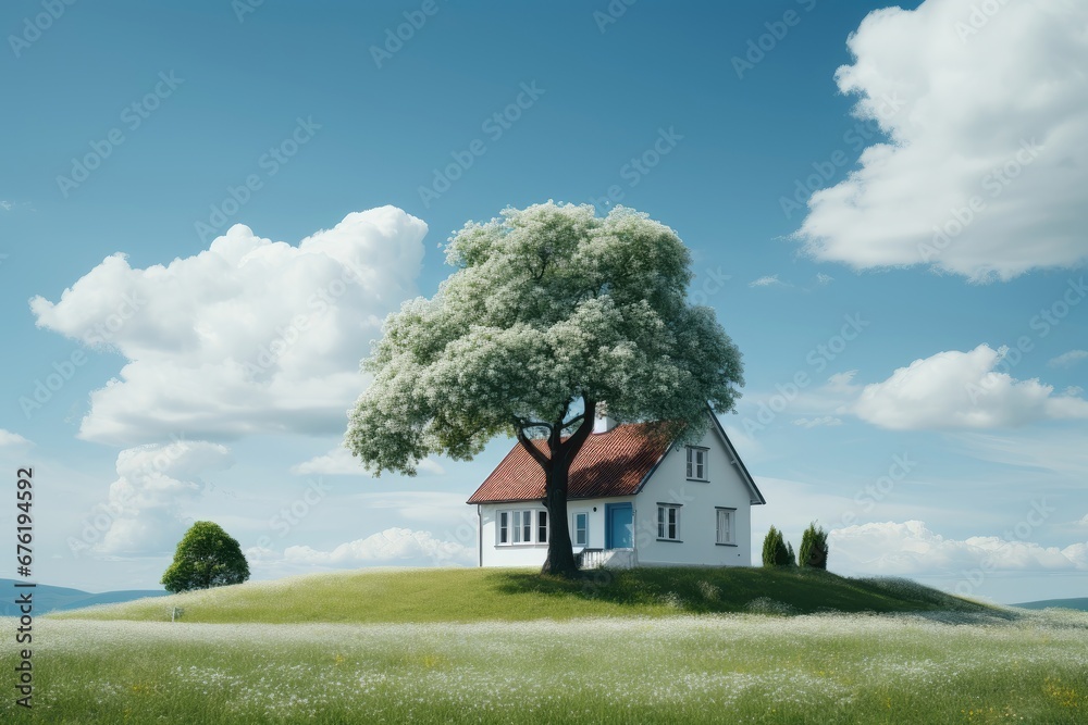A quaint small house on a hill, adorned by the grand shadow of a towering tree, set against a picturesque backdrop of fluffy clouds. Photorealistic illustration