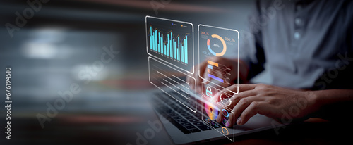 Businessman analyzes data to find new marketing strategies to help organizations achieve their goals quickly and efficiently. Global strategy virtual icon. Sustainable business development roadmap photo