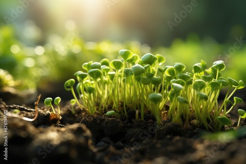 Bathed in the sunlight, a cluster of delicate sprouts stands tall, their details gently blurred, creating a sense of depth and focus on the natural beauty of new growth. Photorealistic illustration