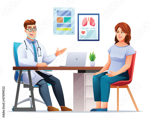 Doctor talking to woman patient in clinic. Medical consultation concept. Vector cartoon character illustration