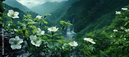 In this wide-format image  a moment is captured with raindrops delicately adorning white flowers  while a blurred view of the valley reveals a cascading waterfall. Photorealistic illustration
