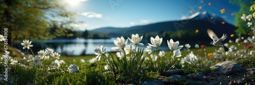 A panoramic view captures white flowers with a bird in flight, featuring a soft focus for depth, while a distant lake and mountains add to the serene backdrop. Photorealistic illustration