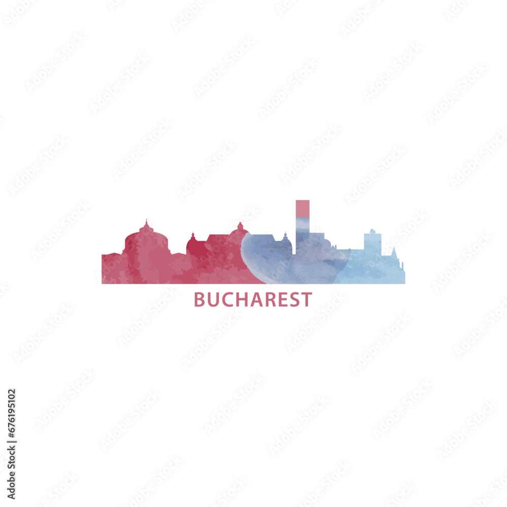 Bucharest watercolor cityscape skyline city panorama vector flat modern logo, icon. Romania emblem concept with landmarks and building silhouettes. Isolated graphic