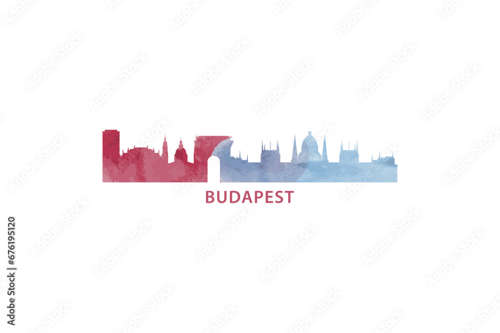 Budapest watercolor cityscape skyline city panorama vector flat modern logo, icon. Hungary emblem concept with landmarks and building silhouettes. Isolated graphic