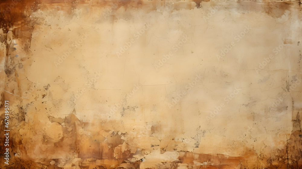 Stained, dirty, and distressed cream white, brown, orange, and tan vintage paper texture. Folded and faded, torn, ripped, peeling and creased from old age. generative AI.