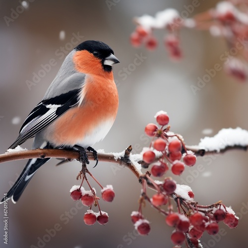 bullfinch on a snowy winter's day in the background © Yulia