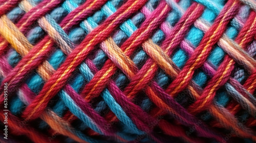 Colored plaid from different yarns. Knitted texture, woolen product, homework, hobbies, knitting, needlework. Close-up, background. : Generative AI
