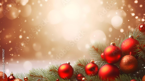 Christmas. the red balls are barely on the branch. Postcard. Bokeh. Banner. Copy space. Generated by Ai. Edited in Photoshop