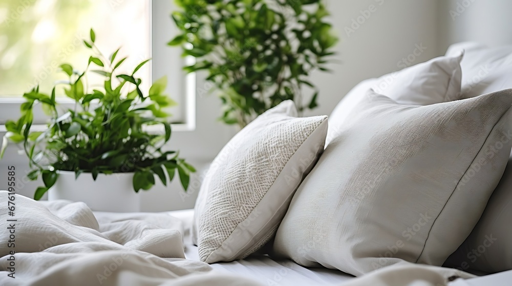 Obraz na płótnie Gray coat and pillows on bed in house or hotel. Scandinavian styled with green plants living room interior in art deco apartment. Relax calm eco friendly leisure concept. Copy space ba : Generative AI w salonie