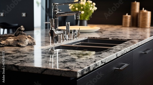 Modern high end luxury kitchen with marble work tops   Generative AI