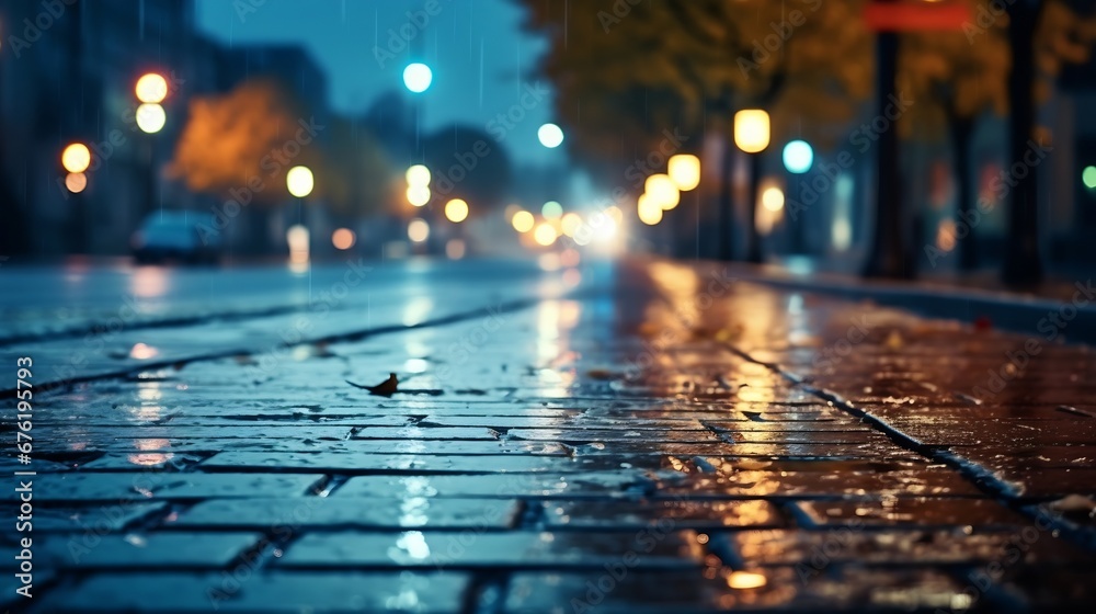 Autumn rainy night in the city. Empty street. Parked cars. Light from shop windows is reflected on the sidewalk. Close up view from the level of the pavement. Blue tones. : Generative AI - obrazy, fototapety, plakaty 