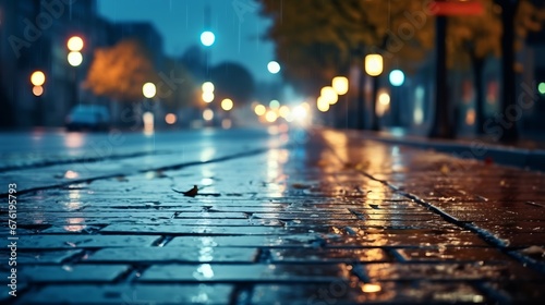 Autumn rainy night in the city. Empty street. Parked cars. Light from shop windows is reflected on the sidewalk. Close up view from the level of the pavement. Blue tones. : Generative AI