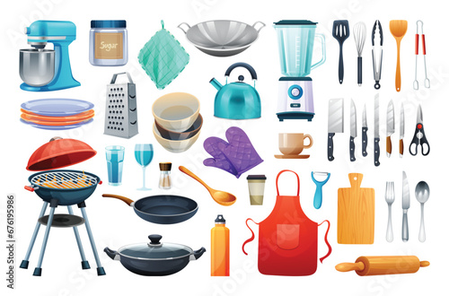 Kitchenware set vector illustration. Kitchen utensils collection, kitchen tools isolated on white background
