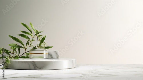 Luxury marble table with plant shadow on white wall and stone podium for product placement display. Trendy neutral aesthetic mockup template for beauty and cosmetics scene.   Generative AI
