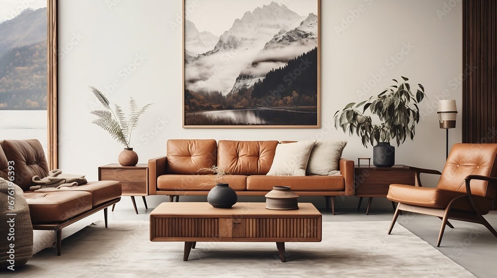 Obraz na płótnie Scandi styled living room interior in art deco Australian apartment : Generative AI w salonie