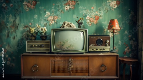 Example of Old Soviet Russian poor interior in Khruschev House. Aged sideboard, tv set, curtains, kitchen furniture. Shabby floor. Tattered wallpaper on wall. Carpet as decor. Apartmen : Generative AI photo