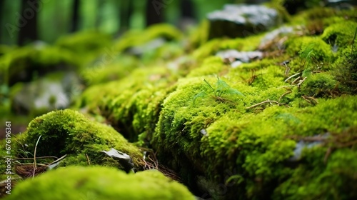 Beautiful Bright Green moss grown up cover the rough stones and on the floor in the forest. Show with macro view. Rocks full of the moss texture in nature for wallpaper. : Generative AI