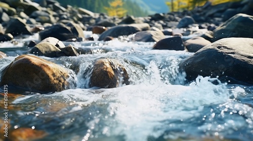 Streams of water between mountain stones in close-up. Beautiful alpine river stream with fast running water and pebbles. Flowing water in a gorgeous scene. Beautiful river rapids. : Generative AI