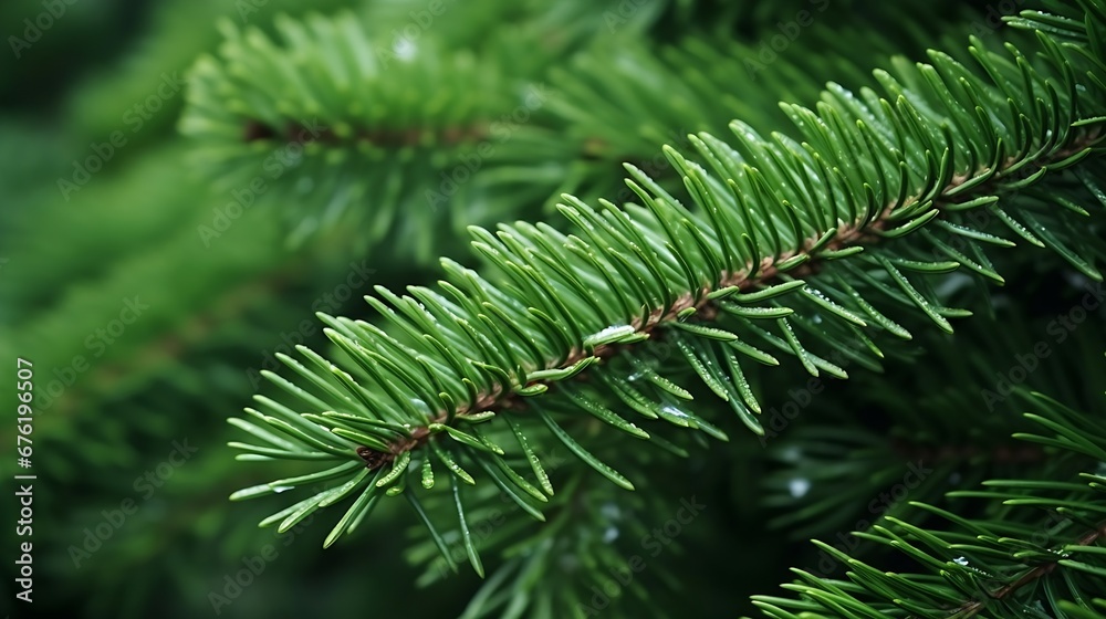 green branches of a pine tree close-up, short needles of a coniferous tree close-up on a green background, texture of needles of a Christmas tree close-up : Generative AI