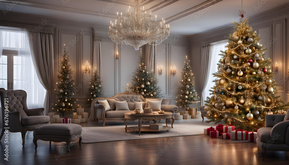 Luxurious, stylish and modern living room with Christmas tree