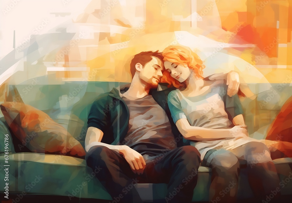 Naklejka premium young couple resting on the sofa : Generative AI