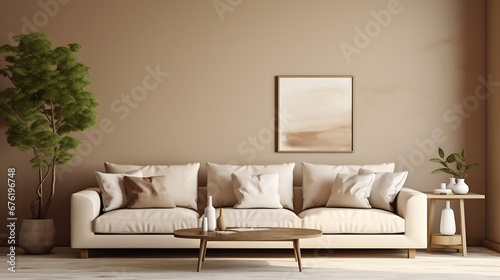 Creative composition of living room interior with modular beige sofa, coffee table, armchair, decoration, stucco, vase, beautiful dog lying on the rug and personal accessories. Home de : Generative AI
