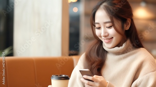 Close-up shot of an Asian woman in cozy sweater using her smartphone, chatting with someone or scrolling on her phone while relaxing at a cafe. : Generative AI