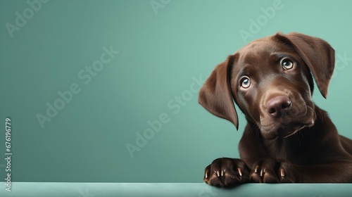 Harrier dog lying on turquoise background while looking up. Cute brown medium-sized puppy dog waiting for food or watching something. 1 year old female Harrier Labrador mix dog. Colore : Generative AI photo