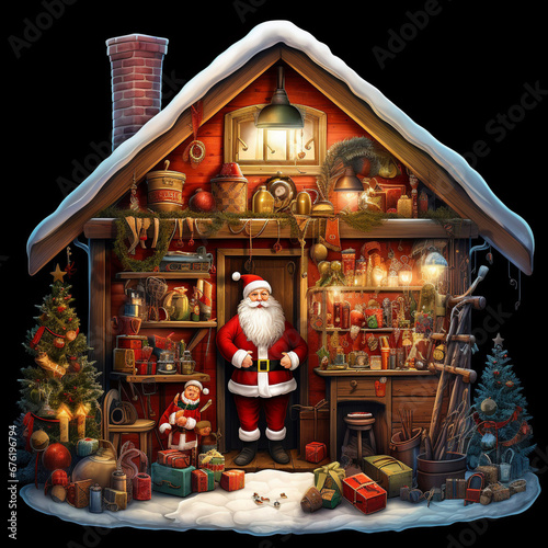 Santa's workshop on a black background, Christmas Holiday winter illustration