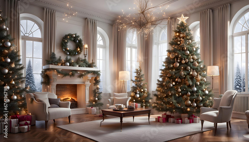 Luxurious, stylish and modern living room with Christmas tree