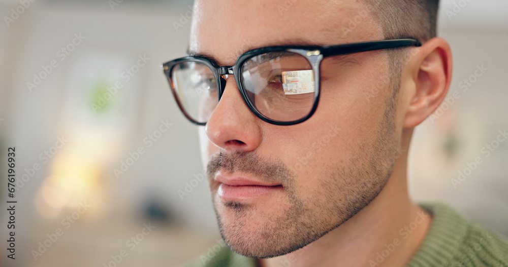 Glasses, reading screen and face of man online for website, internet and research for remote work. Freelance, working from home and closeup of person on laptop or computer for planning schedule