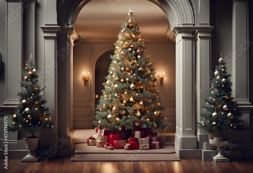 Large and luxurious Christmas tree and house photo