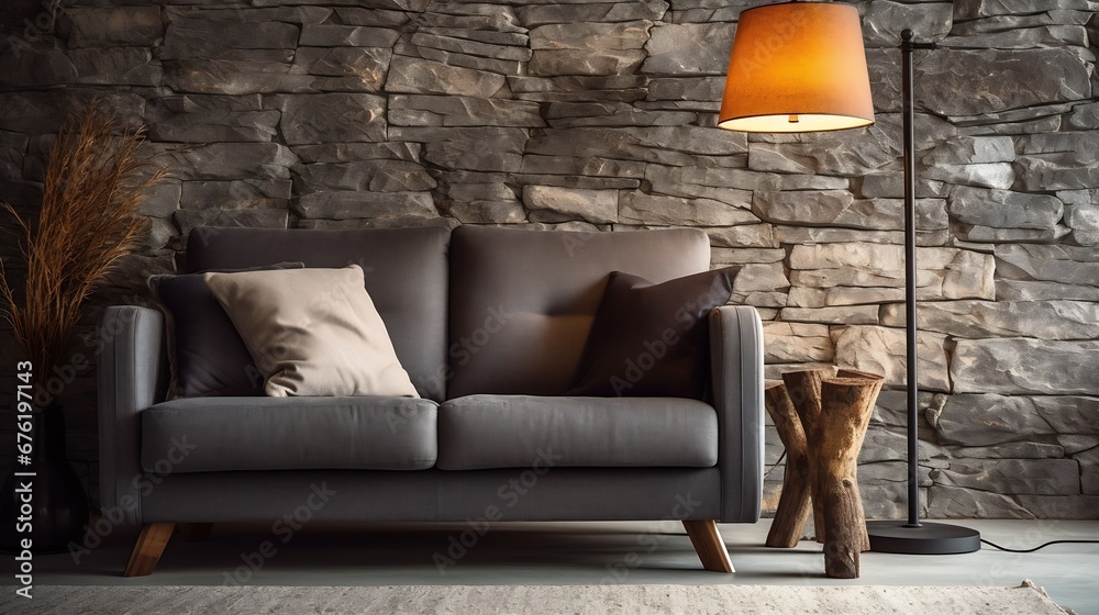 Naklejka premium Stylish floor lamp next to a sofa and in front of a natural stone wall casting shadows : Generative AI