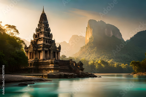 Ancient Ta Promh temple in the jungle, Cambodia. Digital painting. photo