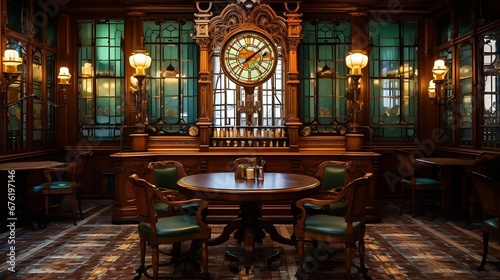 Art deco interior design of the tavern L'Espérance with stained glass and old furniture : Generative AI