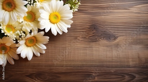 daisies on wooden background - close up   Generative AI