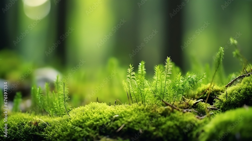 Obraz na płótnie Green moss in a bright forest clearing. Seasonal natur background with bokeh and short depth of field. Close-up with space for text. : Generative AI w salonie