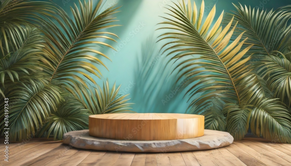 Fototapeta premium Paradise Podium: Tropical Leaves in Product Display Render