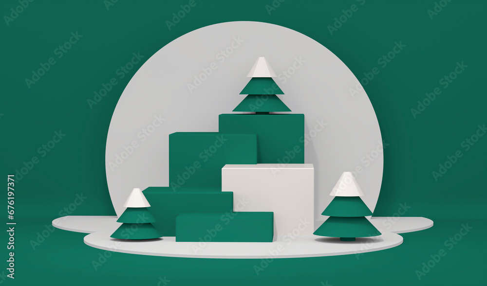Minimal scene with balls and pine trees, podium. Midnight green, blue, red shapes. For christmas holiday winter concept and magazines, poster, banner. 3D rendering 2024 Minimal scene with balls and pine trees, podium. Midnight green, blue, red shapes. For christmas holiday winter concept and magazines, poster, banner. 3D rendering 2024