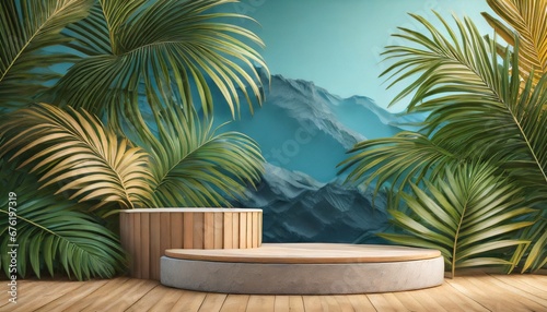 Nature's Stage: 3D Podium Display with Tropical Leaves