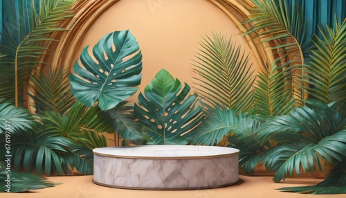 Tropical Opulence: Podium Mockup with Palm Leaf Accents © Dostain