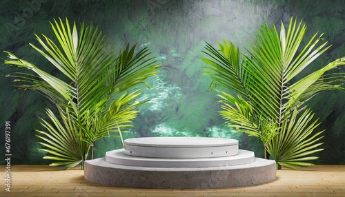 Tropical Elegance  3D Podium Mockup with Palm Leaves