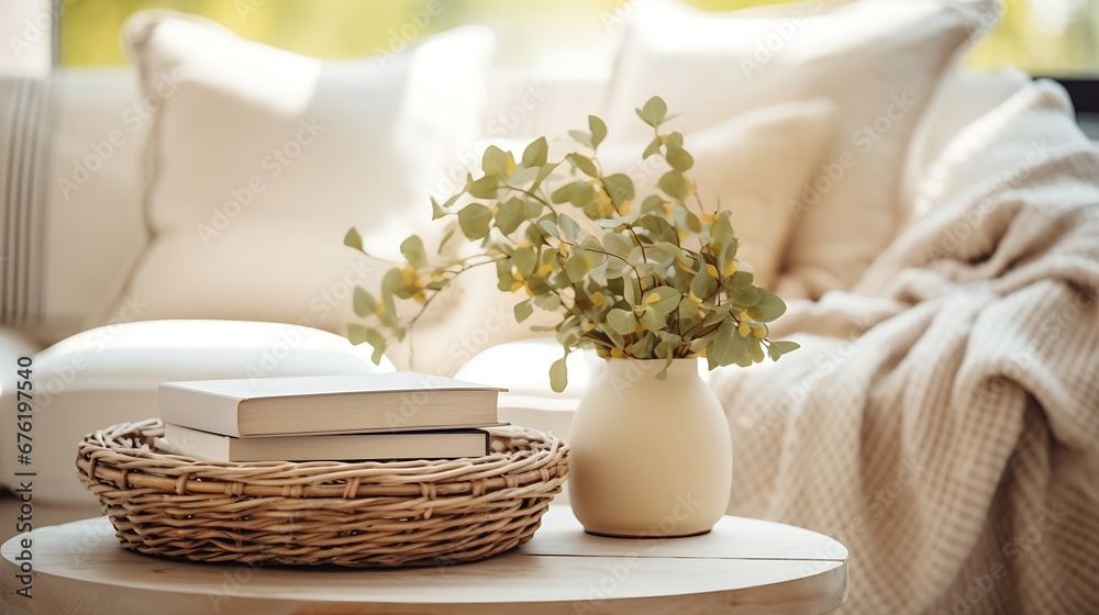 Wicker tray and open book close to eucalyptus branch in ceramic vase on side table. Bohemian design of living room with beige soft chair with cushion and white plaid : Generative AI