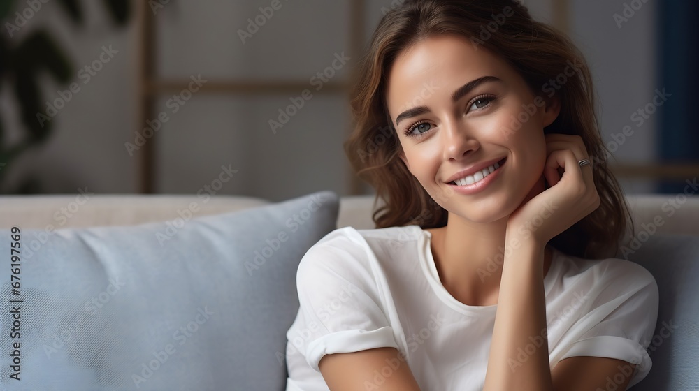 Young minded happy woman 20s wears white tank shirt look aside sit on blue sofa couch stay at home hotel flat rest relax spend free spare time in living room indoors grey wall. People : Generative AI Young minded happy woman 20s wears white tank shirt look aside sit on blue sofa couch stay at home hotel flat rest relax spend free spare time in living room indoors grey wall. People : Generative AI