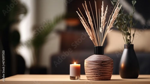 close up of reed diffuser and house plant on wooden table in living room or home office : Generative AI photo