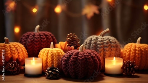 Autumn composition with burning candles  mini munchkin pumpkins  warm wool knitted sweater on the wooden windowsill. Dark colours. Cozy home atmosphere  Thanksgiving decor  fall inspir   Generative AI