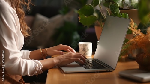 Close Up on Hands of a Female Specialist Working on Laptop Computer at Cozy Home Living Room while Sitting at a Table. Freelancer Woman Chatting Over the Internet on Social Networks. : Generative AI