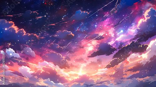 幻想的な美しい空と雲のアニメ風イラスト photo